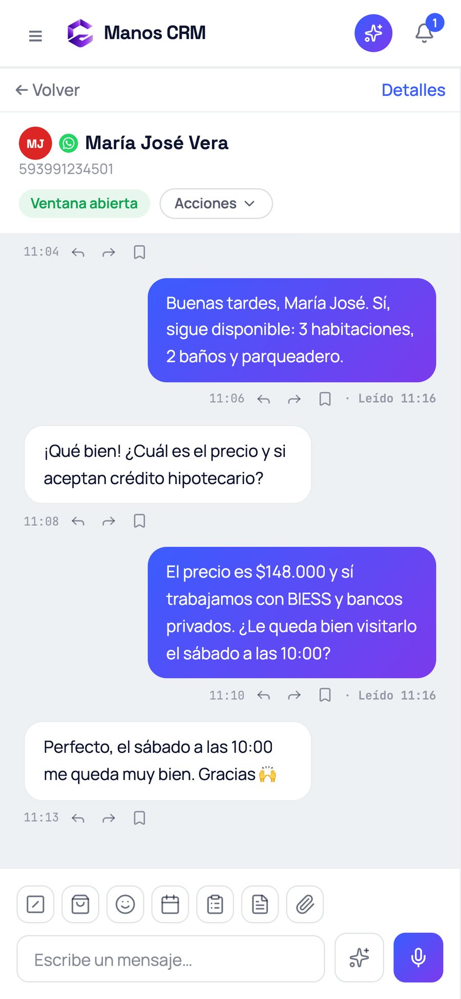 Una conversación de WhatsApp atendida desde Manos CRM