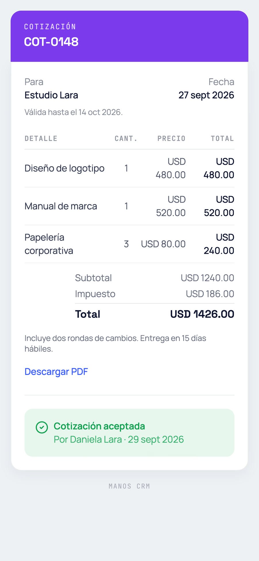 Captura real: la cotización que ve el cliente, con IVA y aceptada desde el celular
