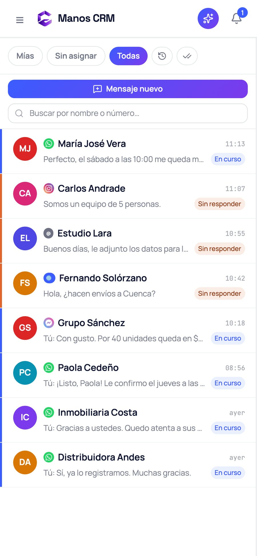 La bandeja de Manos CRM en el celular